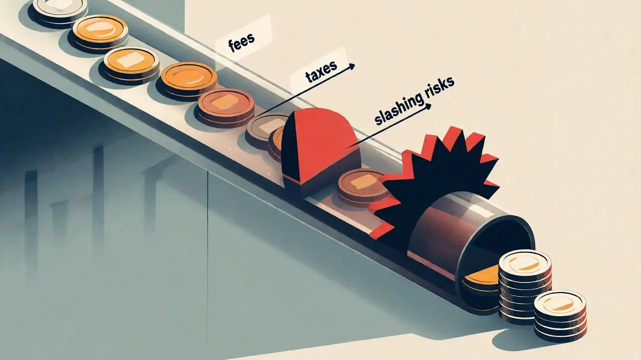 Visual funnel showing how fees, taxes, and risks reduce gross staking yields.
