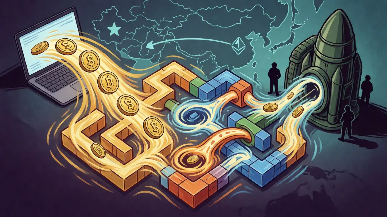 Visual metaphor of stablecoins flowing through a blockchain maze into a vault shaped like military hardware.