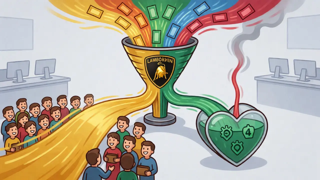 Whimsical funnel splitting transaction fees into holder rewards, charity donations, and token burns.