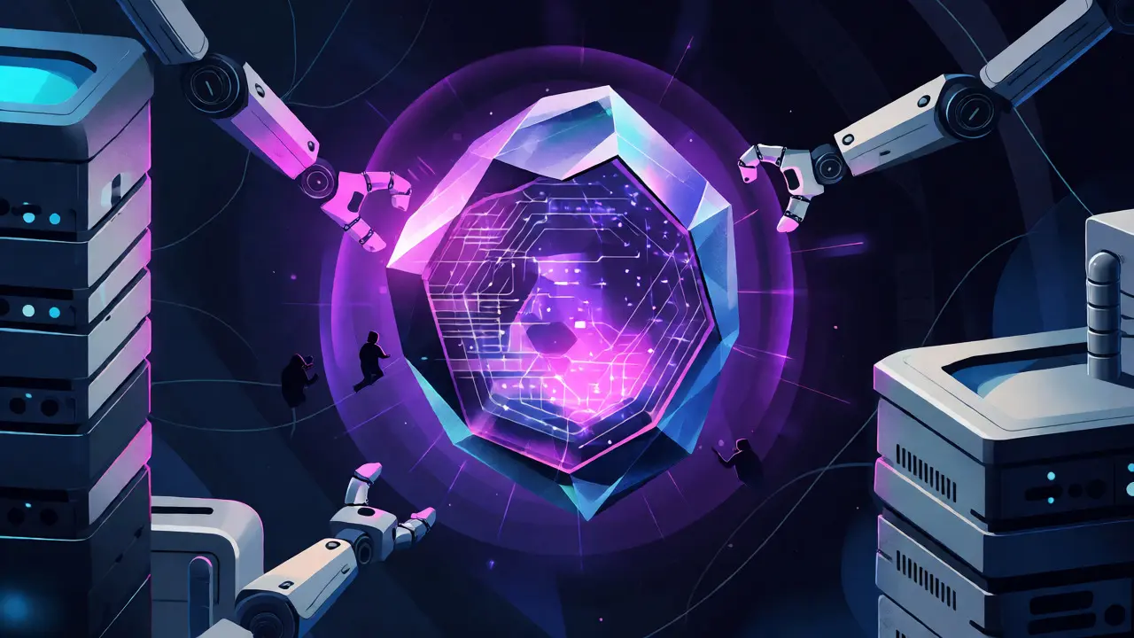 A glowing digital geode protecting encrypted data circuits from external hackers in a stylized tech landscape.
