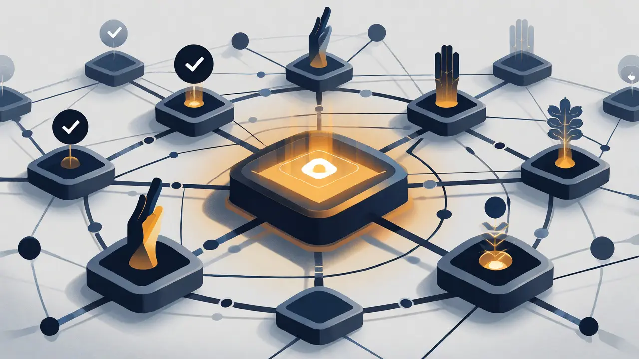 Abstract network diagram highlighting the BFC token's role in governance and transaction fees.