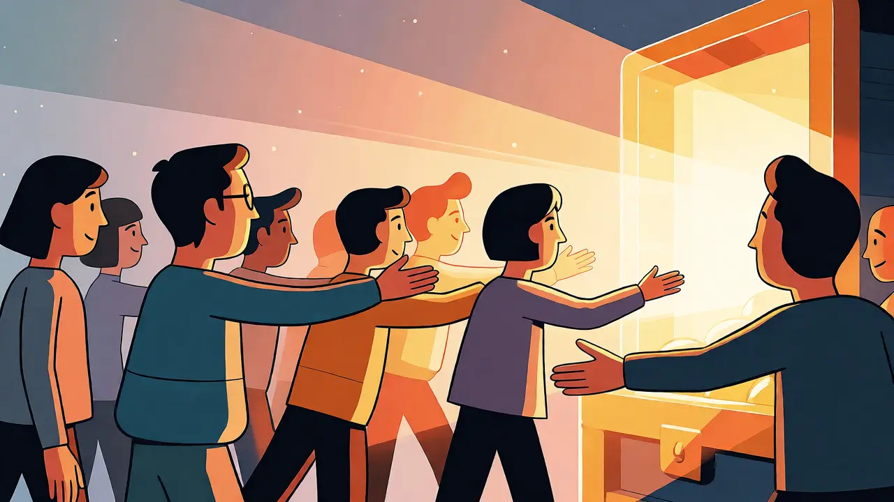 Avatars reaching for a glowing digital reward vault