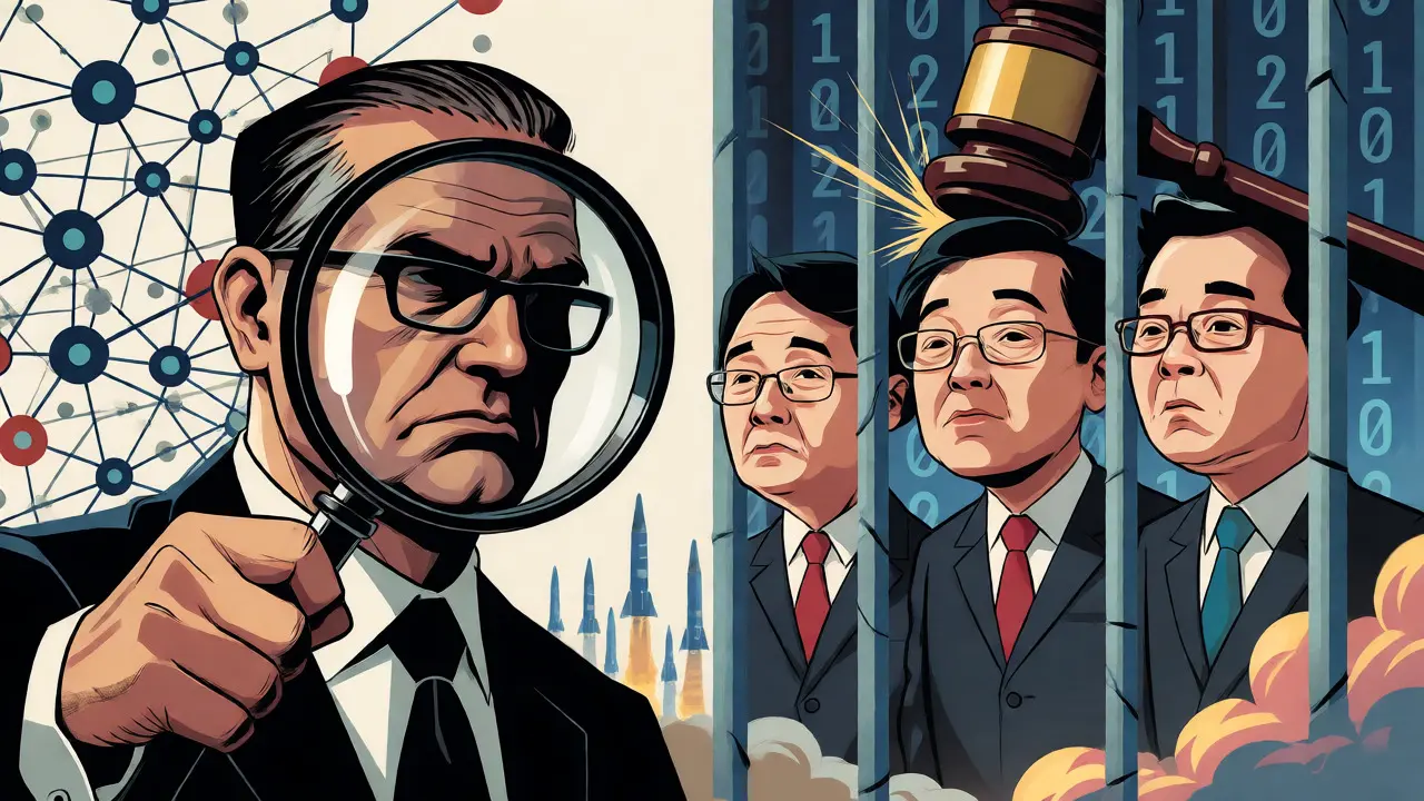 Caricatured officials investigating sanctioned North Korean hackers linked to crypto theft.
