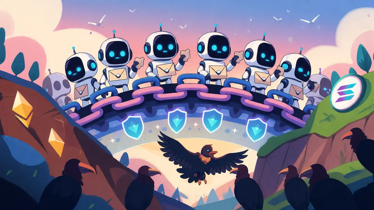 Cartoon AI robots crossing a privacy-protected bridge over blockchain networks, hiding strategies from predators.
