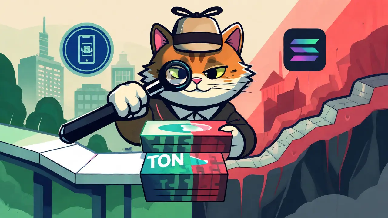 Cartoon cat inspecting the safe TON blockchain path versus the risky Solana copycat route