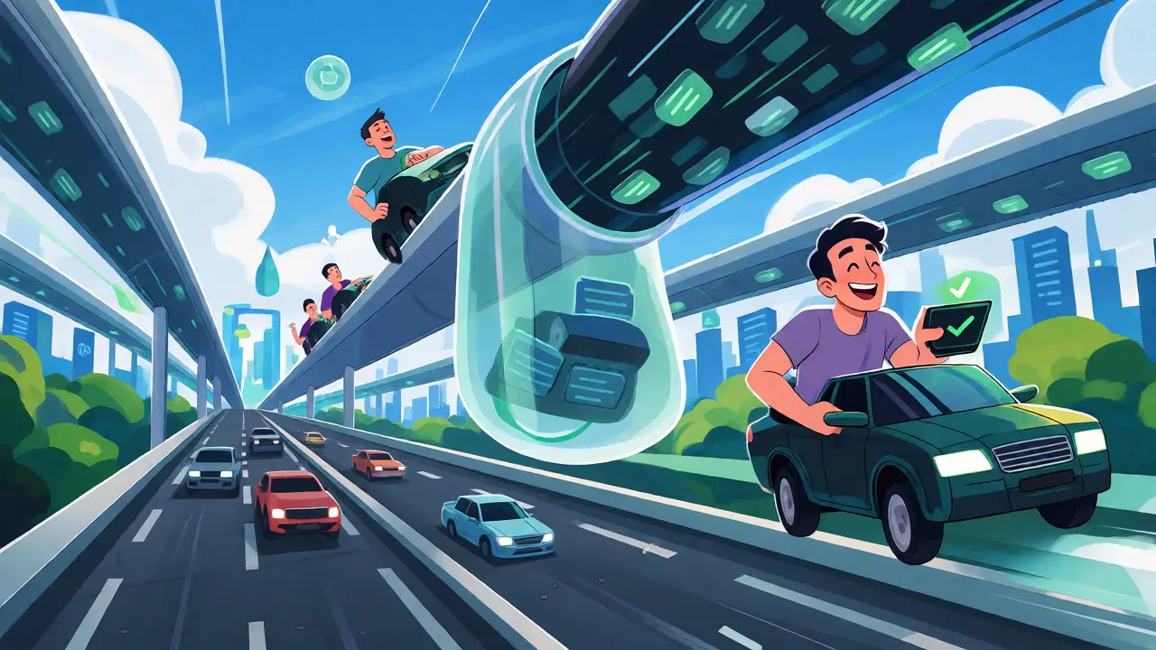 Cartoon showing Layer 2 highways speeding up transactions after the Dencun upgrade.
