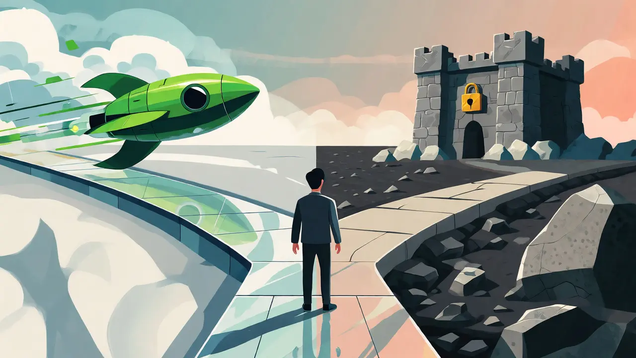 Character choosing between a fast rocket and a secure fortress for crypto storage