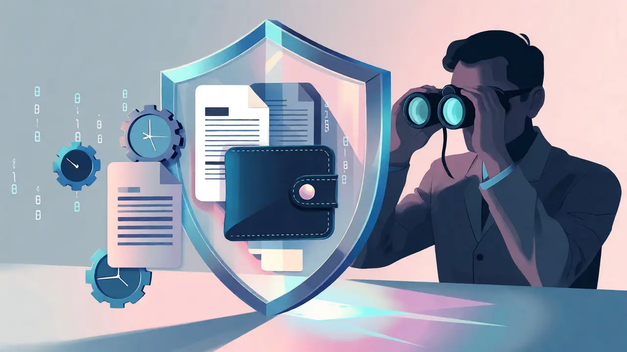 Conceptual illustration of a crypto wallet protected by records against tax scrutiny.