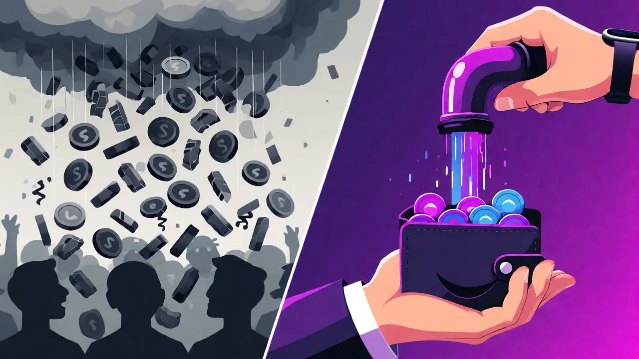 Contrast between chaotic token rain and organized reward flow into a wallet.