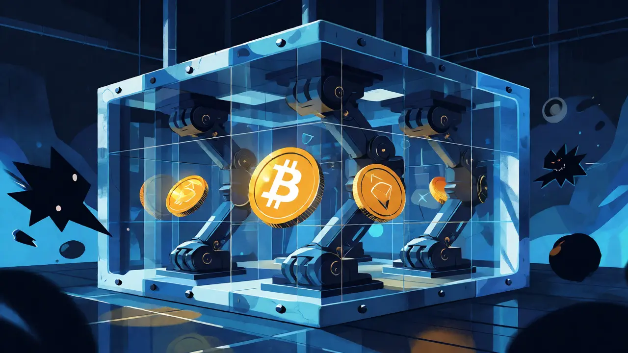 Digital vault illustration showing multi-party computation security protecting cryptocurrency assets.