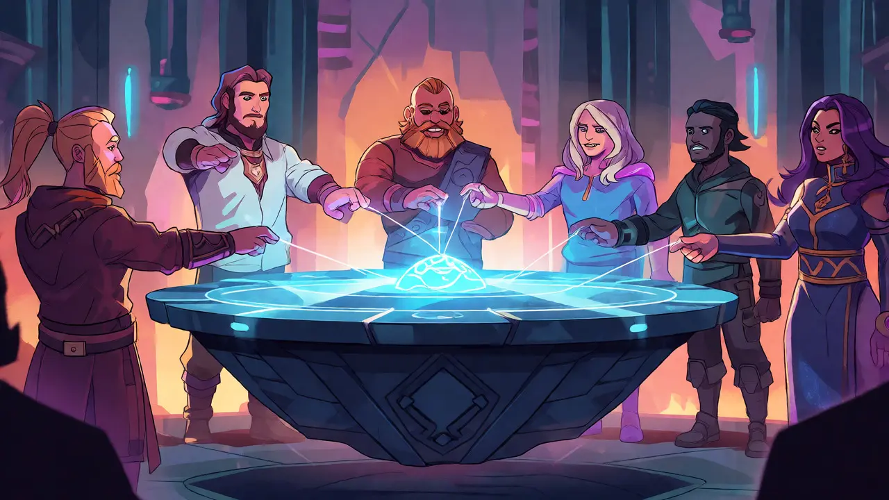 Diverse avatars voting on game updates via a central holographic orb