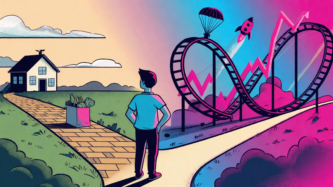 Editorial art showing a stable brick path for fiat and a volatile rollercoaster for crypto.