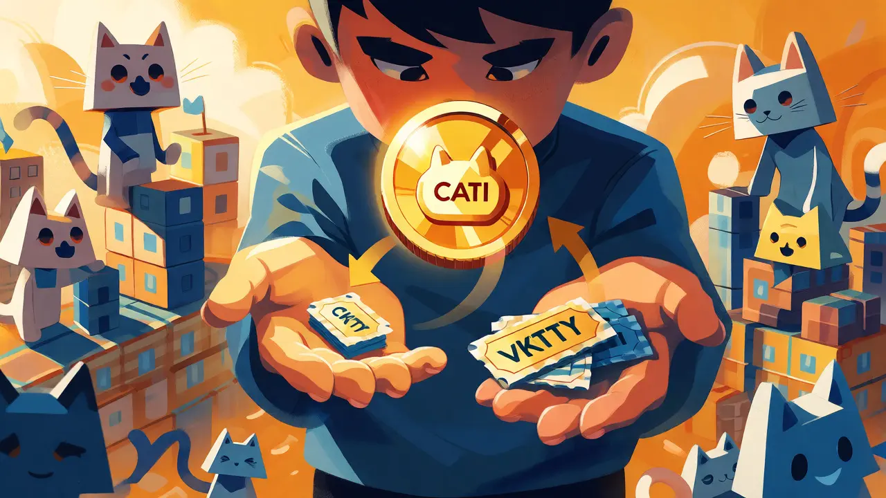 Editorial art showing vKITTY points converting into CATI cryptocurrency tokens amidst building cats