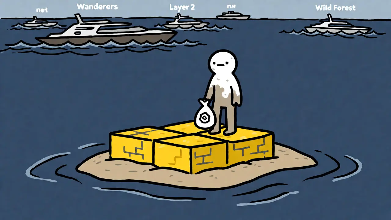 Editorial cartoon showing a lonely figure on a yellow block island surrounded by empty water.
