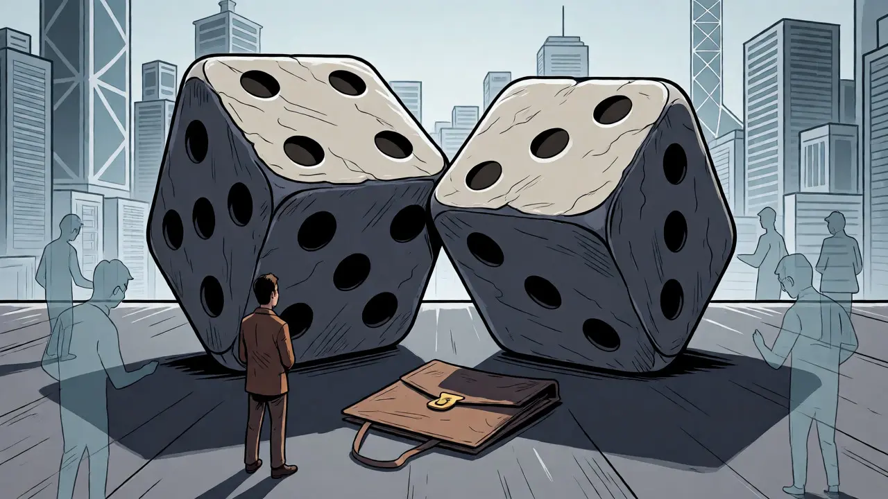 Gambler facing unfavorable odds with dice representing Triple Dice Exchange risks.