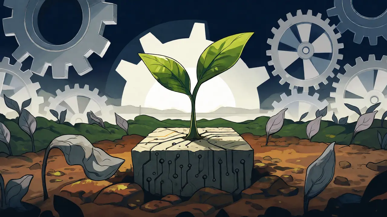 Green sprout growing from circuit-patterned stone symbolizing patient crypto growth