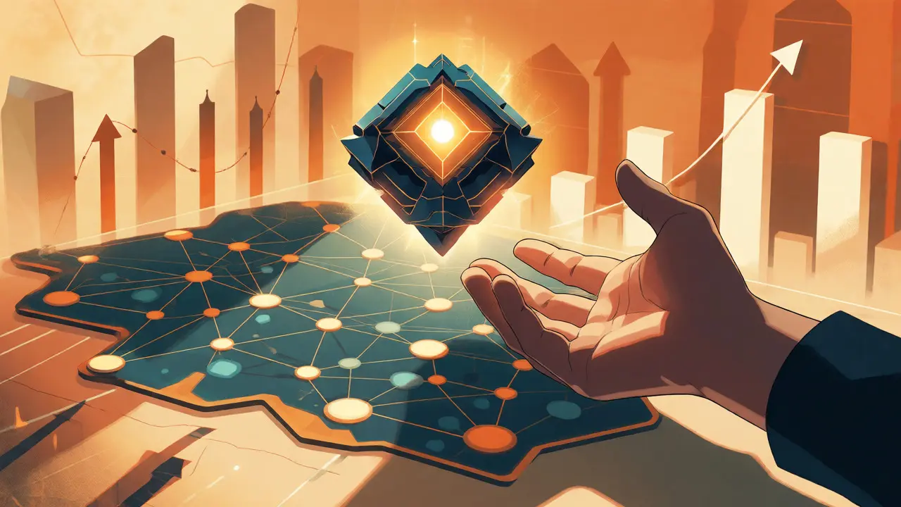 Hand catching a glowing NFT above a stylized blockchain network