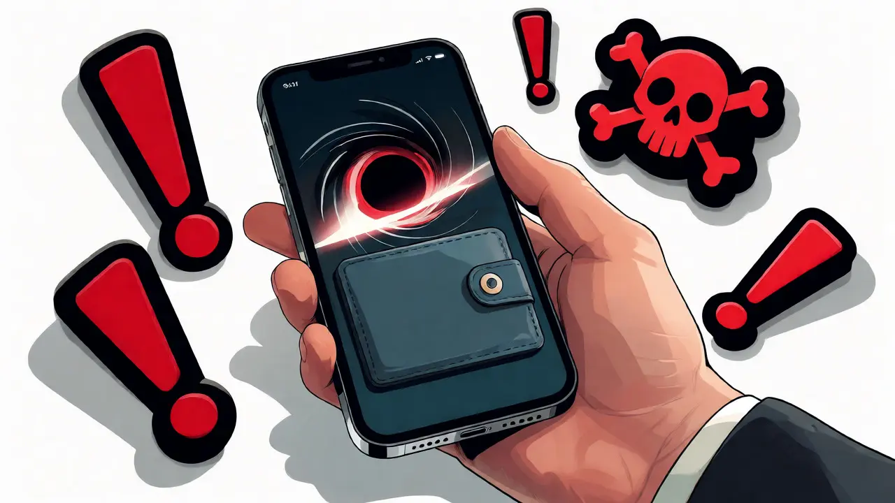 Hand holding phone with wallet interface showing black hole
