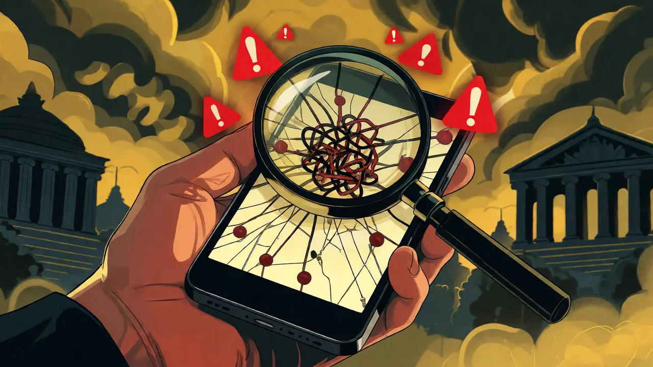 Hand using a magnifying glass to inspect tangled, broken blockchain threads