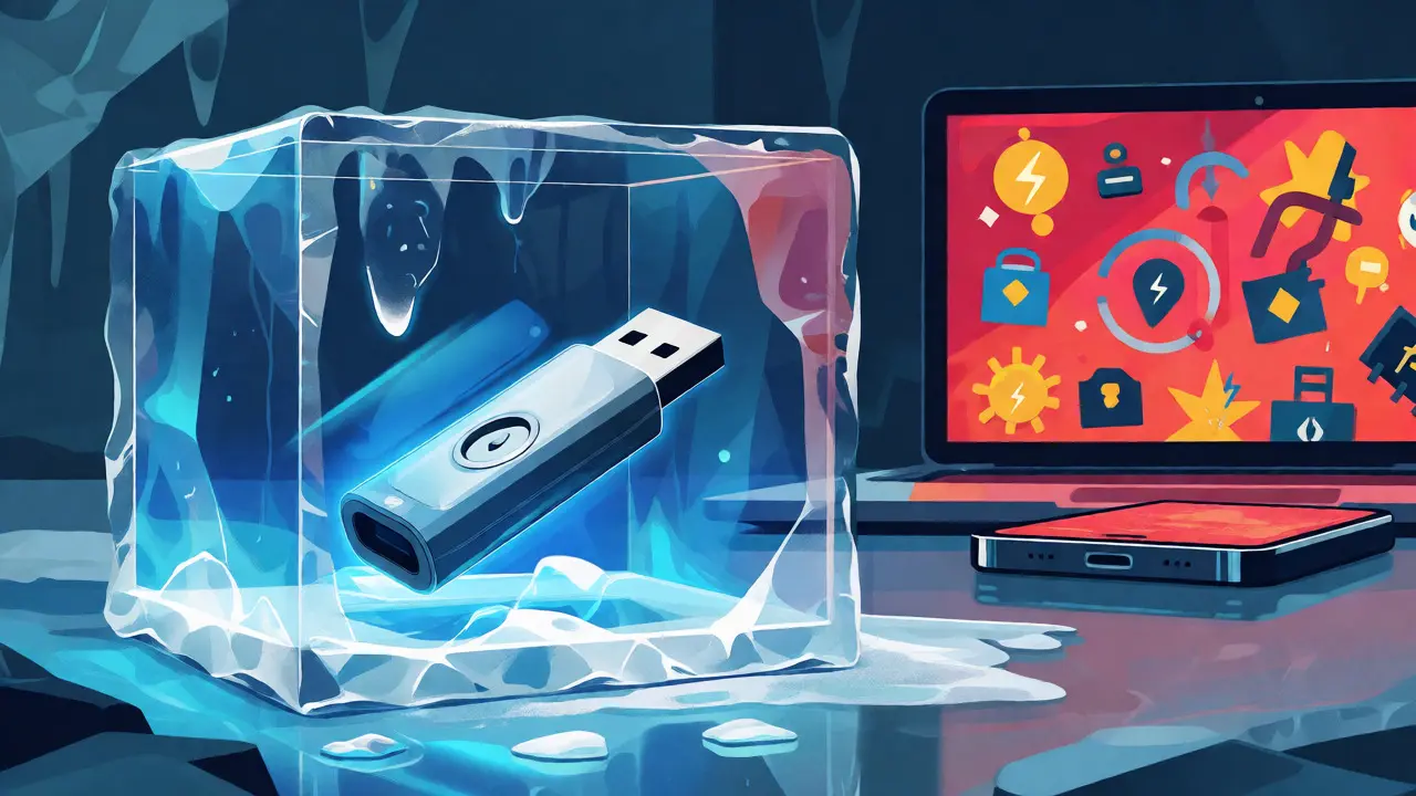Hardware wallet protected in an ice vault against digital threats in background
