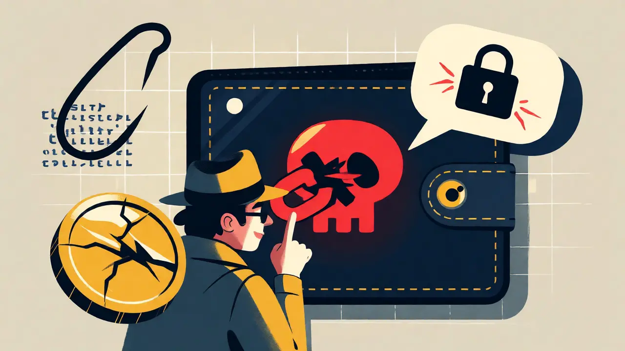 Illustration of a detective spotting scam warnings and phishing risks in a digital wallet.