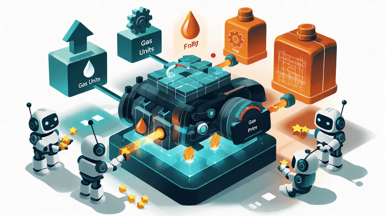 Illustration of gas units and prices powering Ethereum transactions via an engine metaphor.
