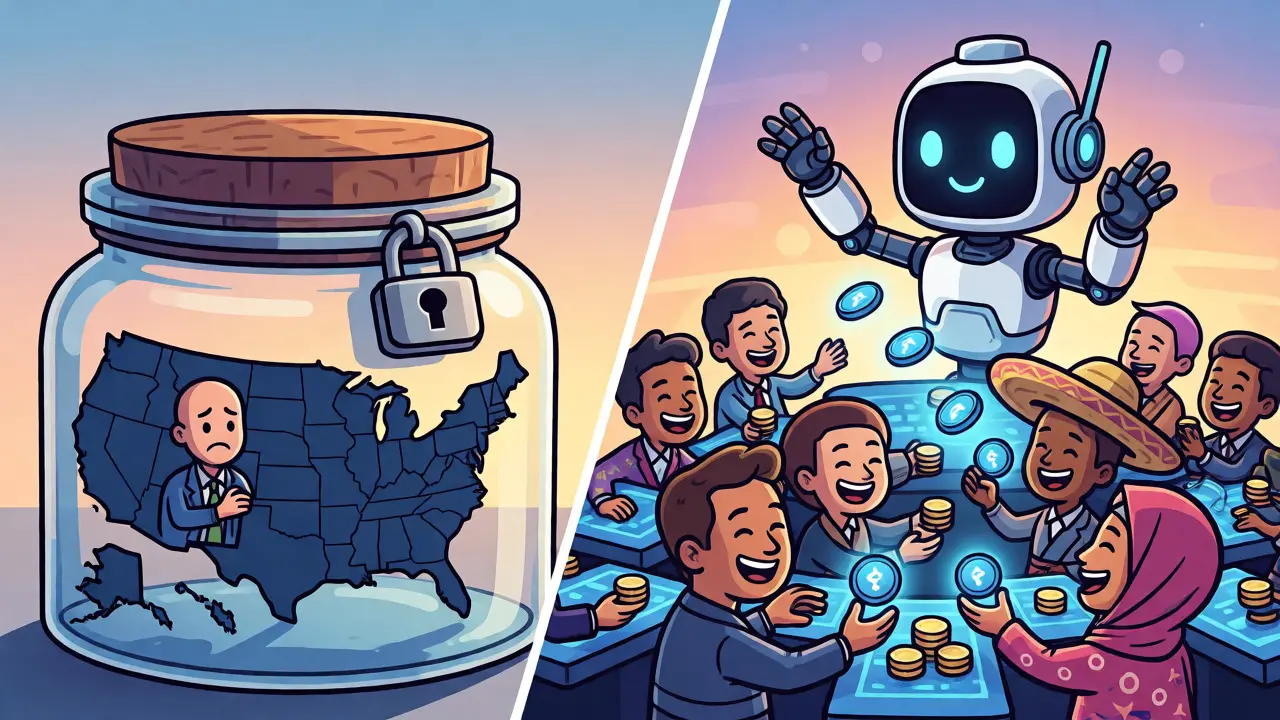 Illustration of global investors accessing tokenized stocks while US investors remain restricted.