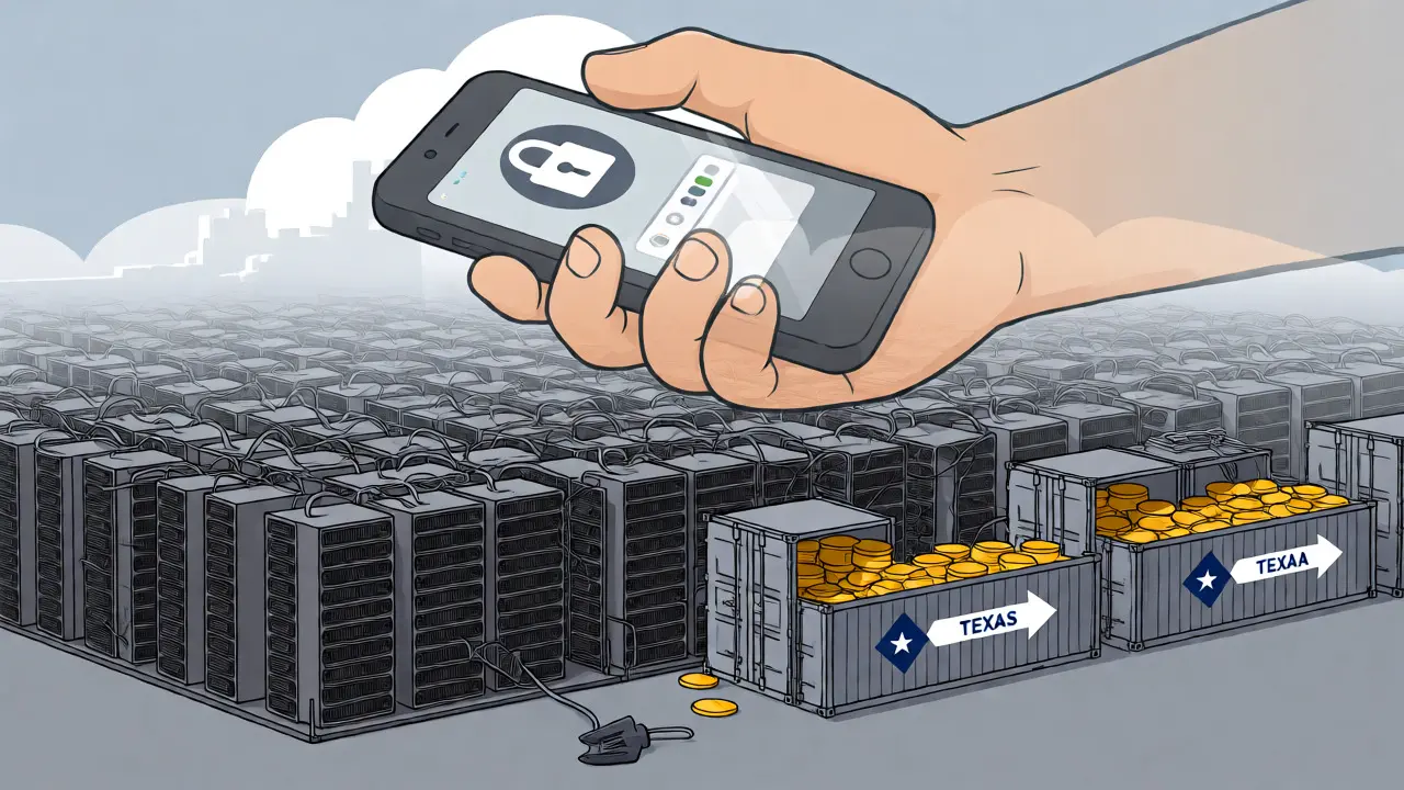 Illustration of mining rigs being relocated while digital wallets are frozen.