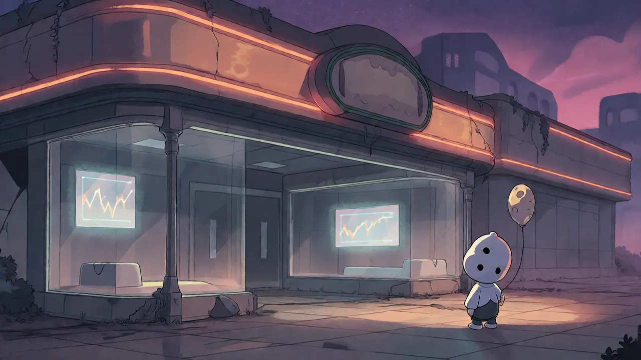 Lone figure viewing an abandoned, vine-covered crypto arcade at dusk