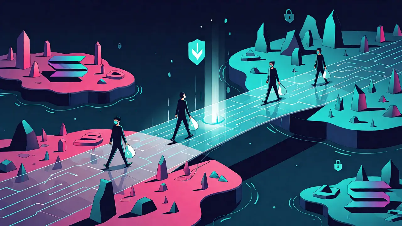 Masked figures crossing a glowing bridge between blockchain islands earning tokens