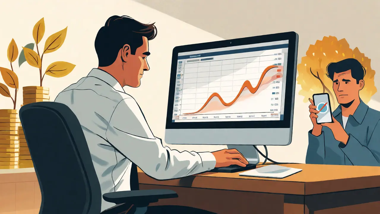 Professional trader using a desktop for large trades while a casual user struggles without a mobile app.