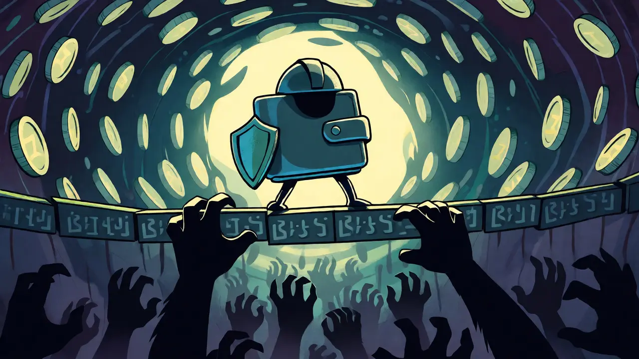 Protective wallet character guarding against scam threats on a digital bridge