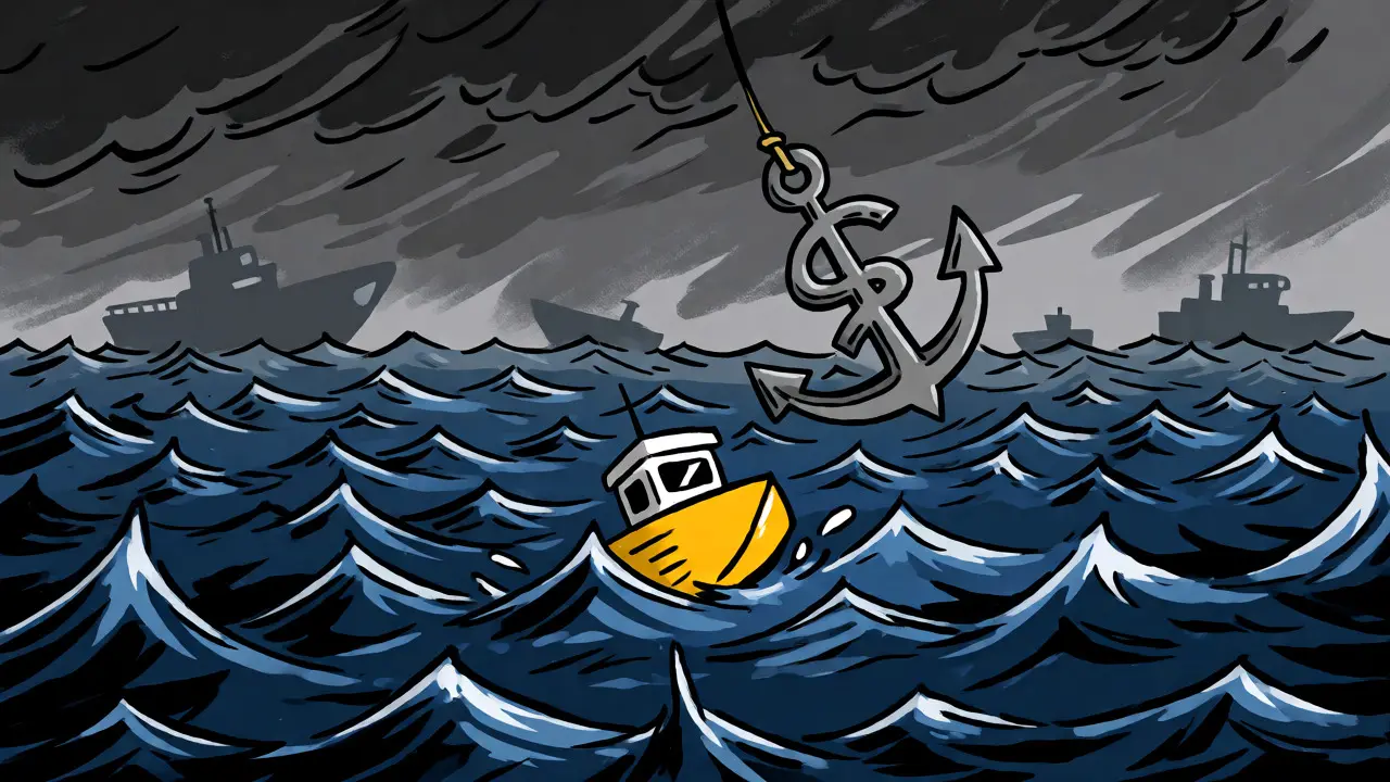 Small boat on rough seas under a hanging dollar-sign anchor symbolizing risk