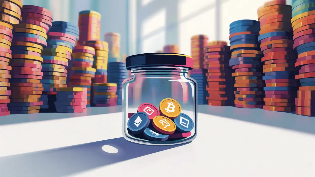 Small jar with six coins isolated against a backdrop of massive coin stacks