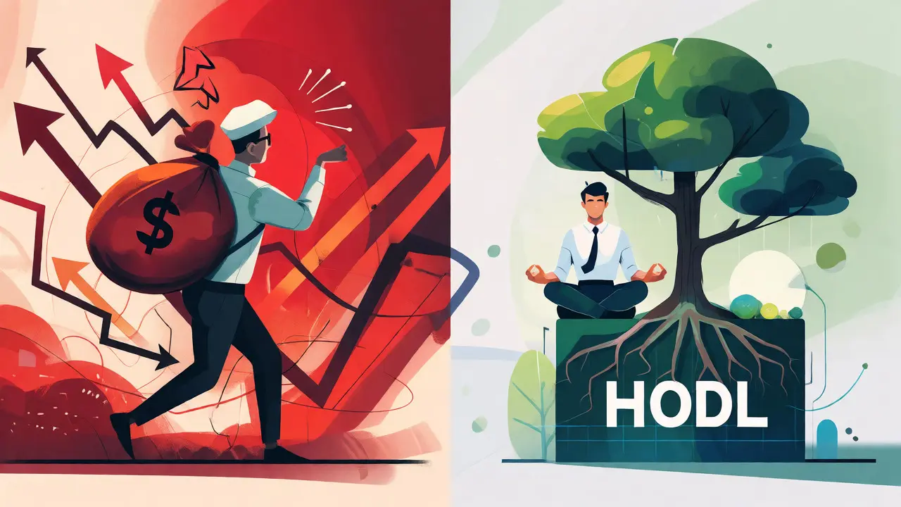 Split-screen illustration comparing stressed short-term trading with calm long-term crypto holding.