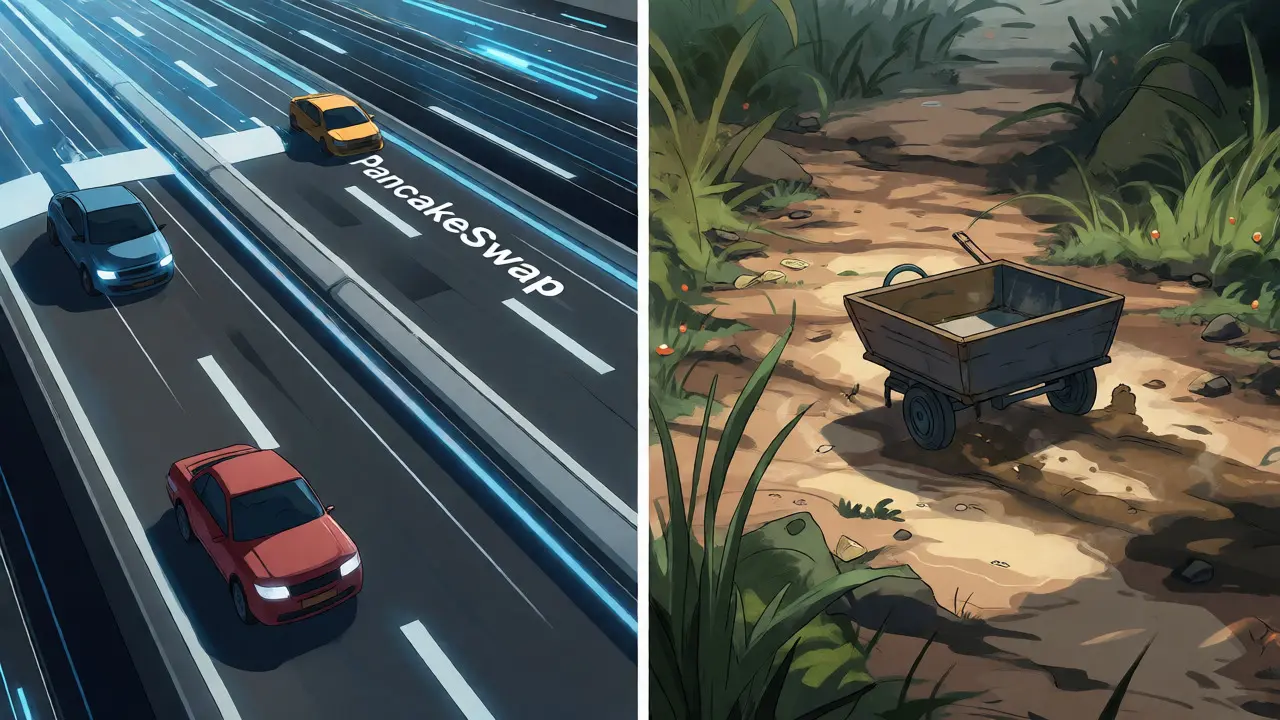 Split view comparing a busy crypto highway to a stagnant, muddy SafeMoon path