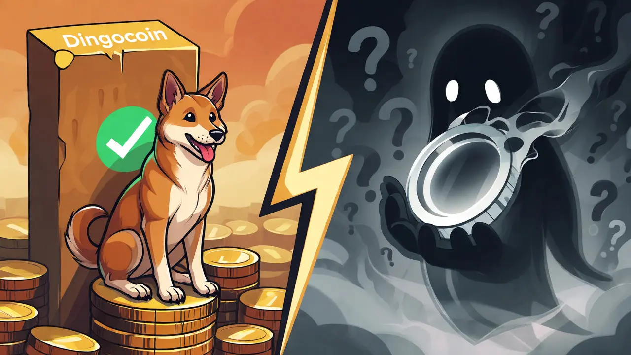 Split view comparing a solid Dingo coin against a dissolving Dinger token