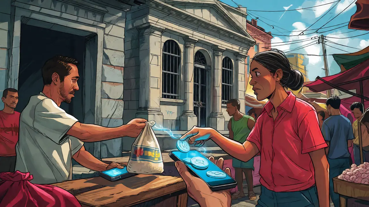 Street vendor receiving digital payment via glowing blue coin stream in Caracas