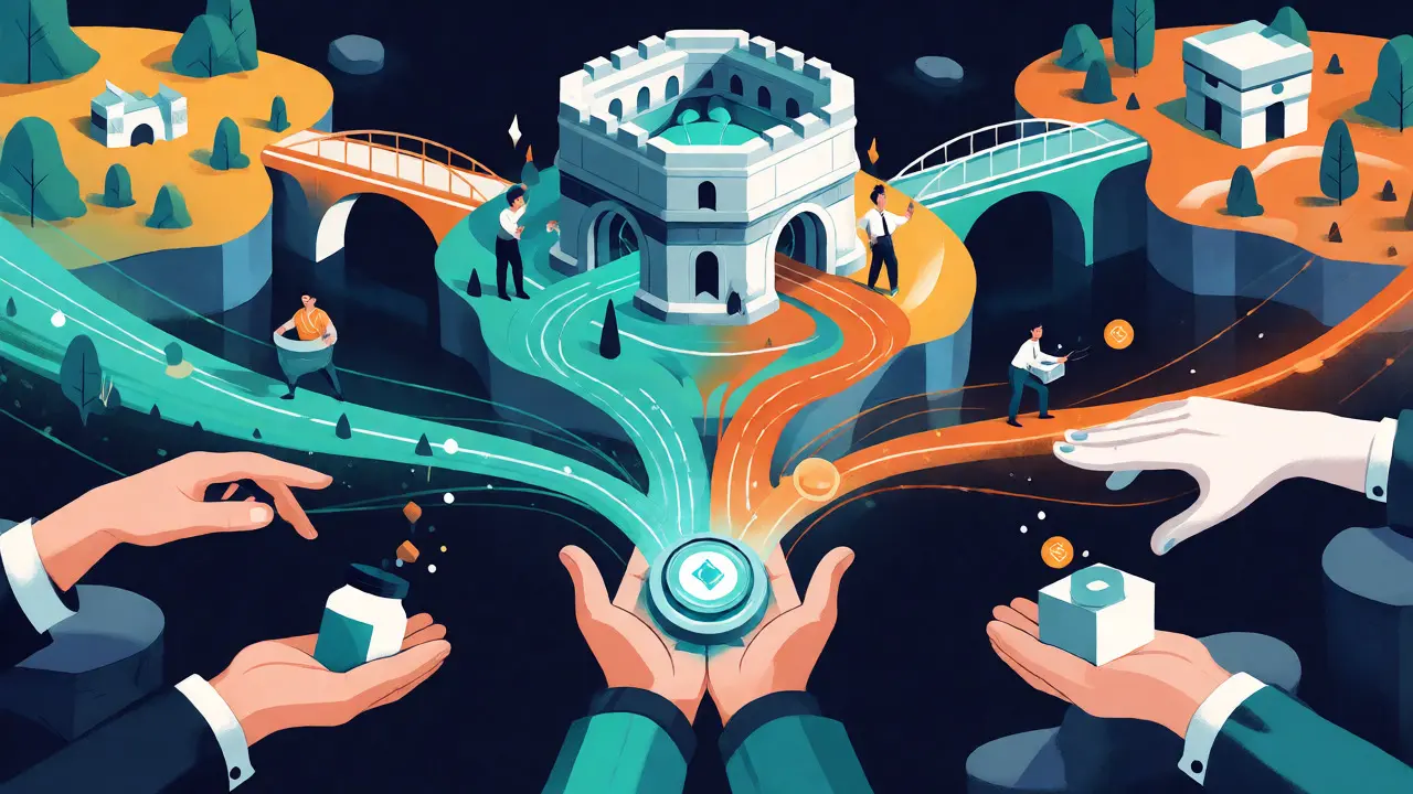 Stylized digital marketplace scene depicting cross-chain liquidity flows between blockchain islands.