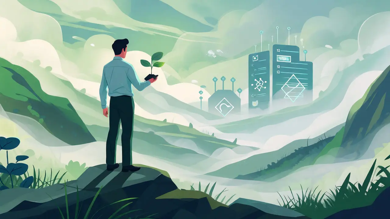 Stylized investor waiting patiently with a seedling as future blockchain utilities emerge from fog.