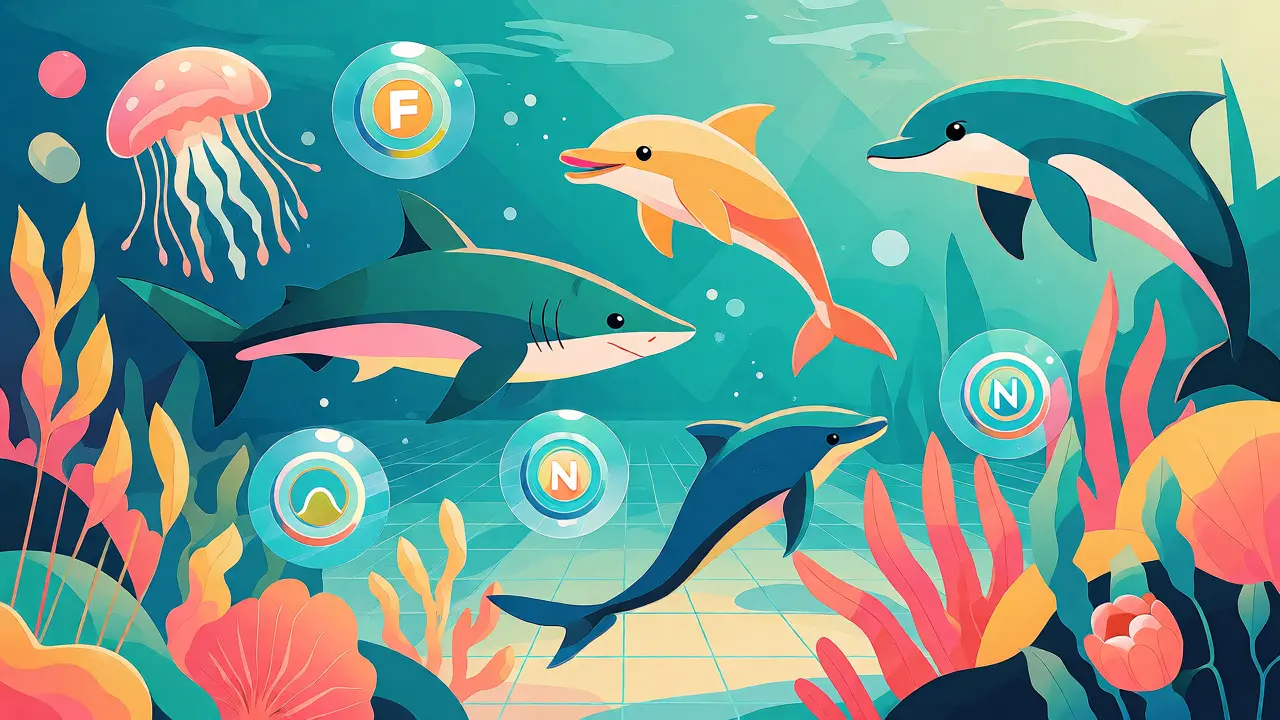 Stylized marine creatures in a digital metaverse ocean