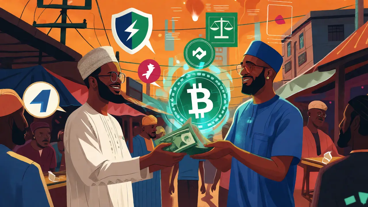 Stylized P2P crypto exchange scene with users trading cash for digital coins.