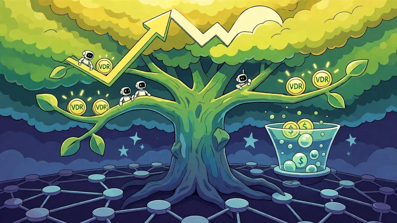 Stylized tree growing VDR tokens with robots harvesting them against a growth chart
