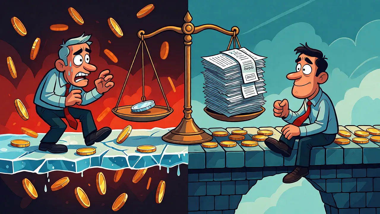 Trader weighing risky unstable platforms against secure stable bridges