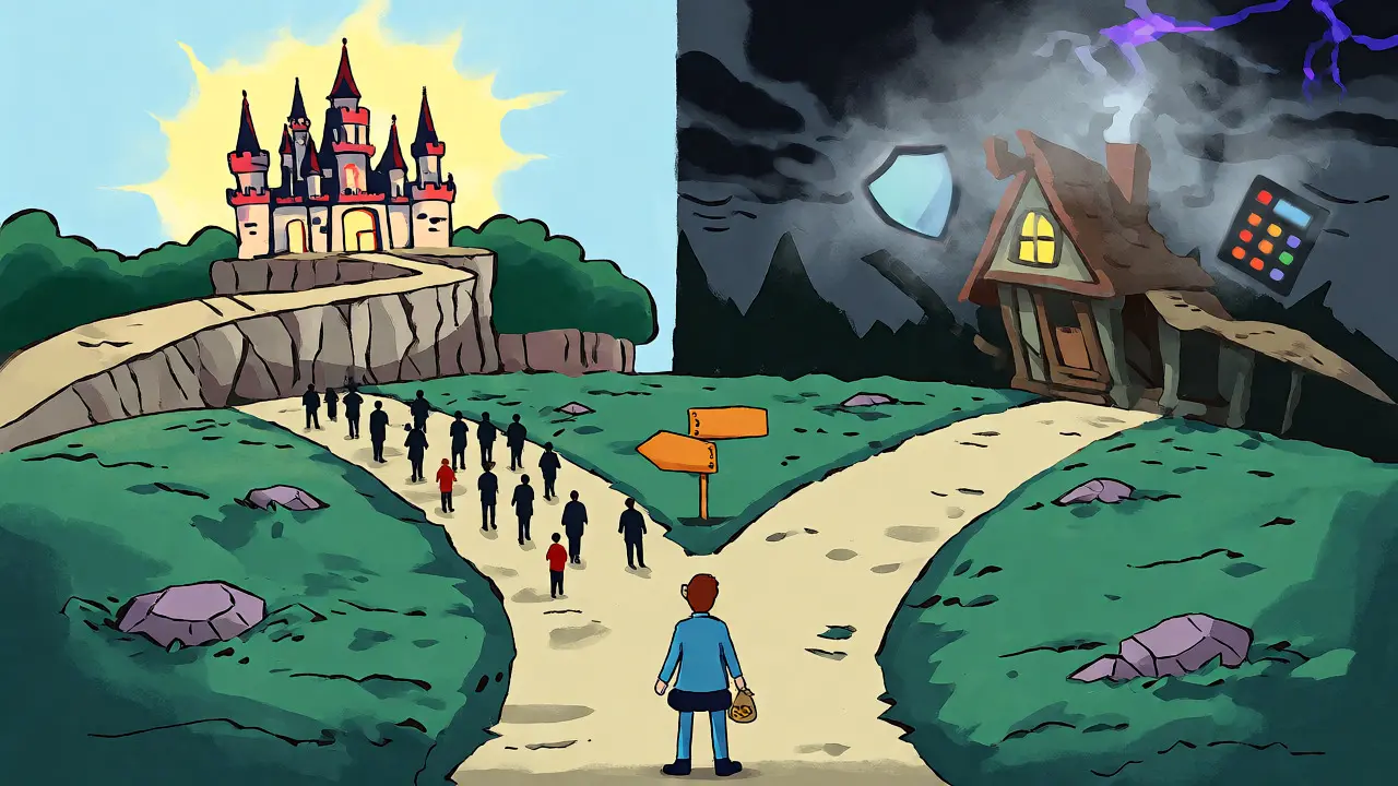 Traveler choosing between a crowded main road and a foggy hidden path