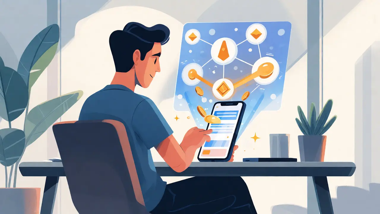 User claiming crypto rewards via a holographic interface on a smartphone.
