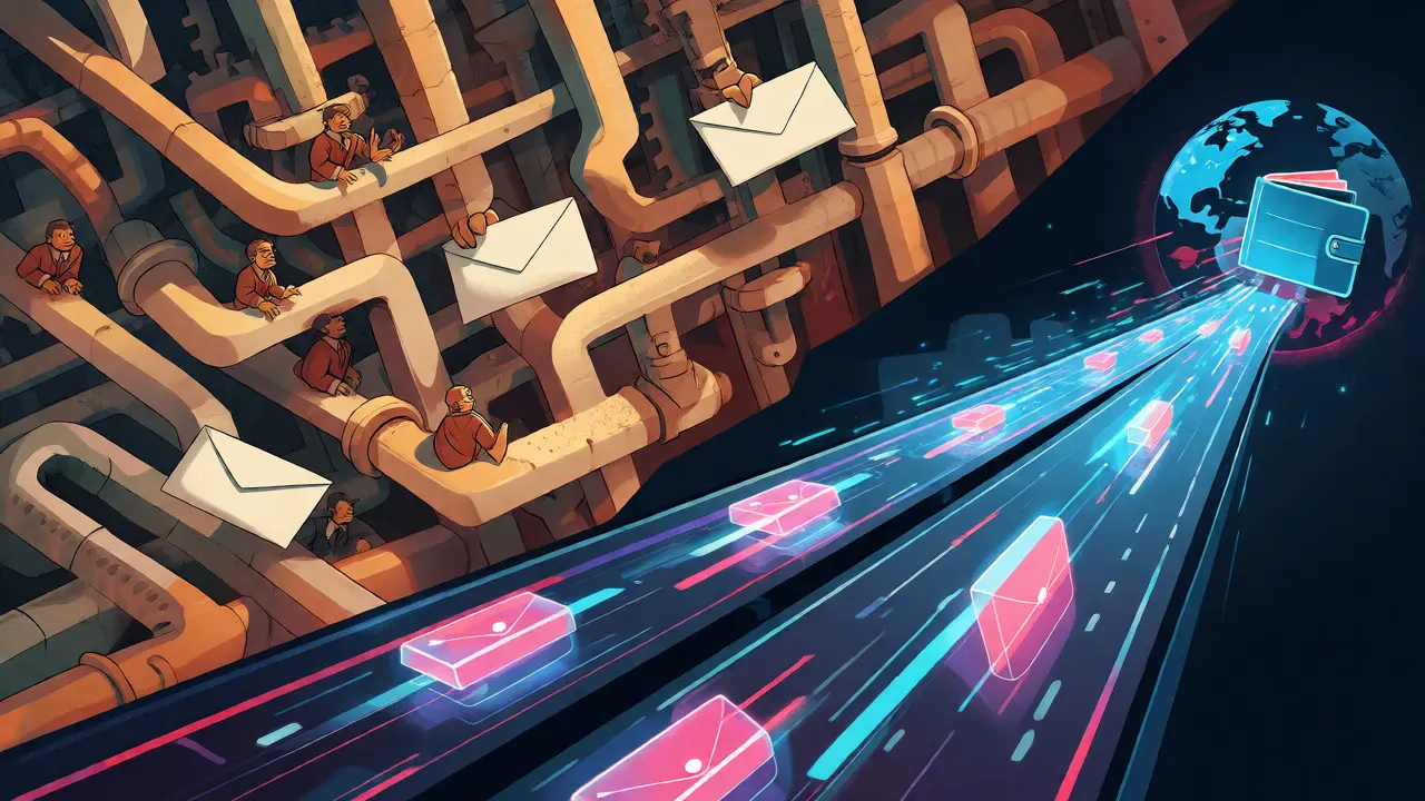 Visual comparison of slow traditional banking mazes versus fast digital payment highways.